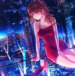  1girl alcohol bangs bare_shoulders bottle bracelet breasts city city_lights cityscape commentary_request cup dress drinking_glass earrings eyebrows_behind_hair glass hand_on_own_thigh high_heels highres jewelry kenzo_093 long_hair night on_floor open_mouth original ponytail red_dress red_eyes red_footwear red_wine redhead scenery shoes single_shoe sleeveless sleeveless_dress solo spaghetti_strap strap_slip window wine wine_glass 