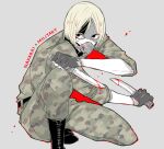  1boy awara_kayu bangs black_eyes black_footwear blonde_hair blood blood_on_weapon camouflage camouflage_jacket camouflage_pants commentary_request fighting_stance foot_out_of_frame grey_background holding holding_knife jacket knife long_sleeves looking_at_viewer male_focus nakarai_keijin one_knee pants parted_bangs red_background short_hair simple_background solo tokyo_ghoul tokyo_ghoul:re weapon 