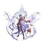  1boy animal_ears belt_buckle buckle cape erune full_body fur_trim gloves granblue_fantasy looking_at_viewer male_focus mask minaba_hideo official_art pants red_eyes short_hair silver_hair six_(granblue_fantasy) solo_focus space star_(sky) transparent_background 