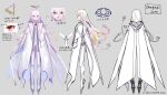  1other :o androgynous bodysuit character_name character_sheet cloak english_commentary floating_hair fuzichoco grey_background highres hololive hololive_english hood hooded_cloak long_hair mixed-language_commentary multicolored_hair official_art omega_alpha open_mouth rainbow_hair red_eyes streaked_hair translation_request virtual_youtuber white_bodysuit white_cloak white_hair 