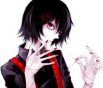  1boy :o awara_kayu bangs black_hair black_shirt commentary_request from_side grey_background hair_ornament hairclip large_hands looking_at_viewer male_focus nail_polish needle red_eyes red_nails roman_numeral sewing_needle shirt short_hair simple_background solo stitches suspenders suzuya_juuzou tokyo_ghoul tokyo_ghoul:re upper_body white_background x_hair_ornament 