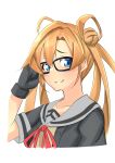  1girl absurdres abukuma_(kancolle) bespectacled black-framed_eyewear black_gloves black_jacket blonde_hair blue_eyes double_bun glasses gloves grey_sailor_collar hair_rings highres jacket kantai_collection long_hair looking_at_viewer m.a.o neck_ribbon one-hour_drawing_challenge partially_fingerless_gloves red_ribbon remodel_(kantai_collection) ribbon sailor_collar school_uniform serafuku short_sleeves simple_background smile solo upper_body white_background 