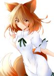  1girl animal_ears bangs blonde_hair bow breasts closed_mouth eyebrows_visible_through_hair fox_ears fox_tail green_bow hair_between_eyes hand_up highres jumpsuit kudamaki_tsukasa looking_at_viewer muumuu_(sirufuruteienn) one-hour_drawing_challenge orange_eyes puffy_short_sleeves puffy_sleeves short_hair short_sleeves simple_background small_breasts smile solo tail touhou white_background white_jumpsuit white_sleeves 