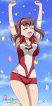  1girl armpits arms_up artist_name blush breasts brown_hair collarbone confetti dated eyebrows_visible_through_hair girls_und_panzer highres jumping kondou_taeko large_breasts open_mouth red_shorts shiny shiny_hair shorts smile solo sportswear volleyball_uniform 