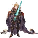  1boy ahoge armor belt black_pants blonde_hair blue_eyes cape full_body granblue_fantasy greaves looking_at_viewer male_focus minaba_hideo official_art pants puddle sheath sheathed siete solo standing star_(sky) sword transparent_background weapon 