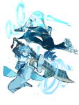  2boys absurdres ahoge arms_up bangs black_bodysuit blue_hair bodysuit boots chongyun_(genshin_impact) frilled_sleeves frills genshin_impact greatsword highres holding holding_sword holding_weapon ice light_blue_hair long_sleeves male_focus multiple_boys open_mouth ryu_genshin77 sketch sword water weapon xingqiu_(genshin_impact) 