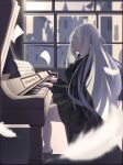  1girl absurdres hair_ornament hair_over_one_eye highres instrument long_hair noir_(noworld) noworld piano qiyuan_yingluo quill solo virtual_youtuber white_hair window 