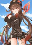  1girl absurdly_long_hair bangs black_shorts blue_skirt blurry blush brown_hair chinese_clothes clouds cloudy_sky commentary_request depth_of_field eyebrows_visible_through_hair flower genshin_impact gradient_hair hair_between_eyes hat hat_flower hat_ornament highres hu_tao_(genshin_impact) long_hair long_sleeves looking_at_viewer multicolored_hair parted_lips polearm red_eyes shorts sidelocks skirt sky solo spear staff_of_homa_(genshin_impact) stretch symbol-shaped_pupils twintails very_long_hair weapon yuetsu 