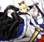  2girls absurdres ahoge artoria_pendragon_(fate) ass avalon_(fate/stay_night) bangs black_dress black_gloves black_legwear black_ribbon blonde_hair blue_cape blue_ribbon braid breasts cape crown dress elbow_gloves excalibur_(fate/stay_night) excalibur_morgan_(fate) fate/grand_order fate/stay_night fate_(series) foo_(pixiv54892036) french_braid fur-trimmed_cape fur_trim gloves green_eyes hair_bun hair_ribbon high_heels highres long_hair looking_at_viewer medium_breasts multiple_girls ribbon saber saber_alter sidelocks smile thigh-highs tiara white_dress white_gloves white_legwear yellow_eyes 