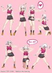  1girl arashi_chisato black_shorts dancing deadnooodles double_bun grey_hair heart highres looking_at_viewer love_live! love_live!_superstar!! medium_hair multiple_views pink_background pink_tank_top red_eyes shorts spoken_heart tank_top twintails white_legwear 