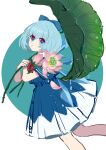  1girl absurdres bangs blue_bow blue_dress blue_eyes blue_hair blue_sleeves bow cirno closed_mouth collar collared_dress dress eyebrows_visible_through_hair eyes_visible_through_hair flower green_background hair_between_eyes hands_up highres ice ice_wings leaf looking_at_viewer pink_flower red_neckwear shocho_(shaojiujiu) short_hair short_sleeves simple_background smile solo teeth touhou white_background wings 