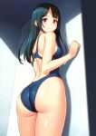  1girl ass bangs black_hair blue_swimsuit breasts competition_swimsuit highleg highleg_swimsuit highres kuri_(kurigohan) one-piece_swimsuit original parted_bangs red_eyes small_breasts solo standing swimsuit wet 