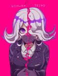  1girl ameko53133 bangs black_jacket breasts character_name collared_shirt commentary_request dangan_ronpa_(series) dangan_ronpa_3_(anime) dress_shirt flipped_hair gloves grey_hair hair_over_one_eye highres jacket kimura_seiko long_hair long_sleeves looking_at_viewer mask mouth_mask own_hands_together pink_background pink_eyes purple_hair shirt simple_background solo upper_body violet_eyes white_shirt 