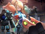  1girl armor bangs blonde_hair blue_bodysuit bodysuit breasts closed_eyes closed_mouth electricity factory giant giantess gonzarez hair_tie highres indoors large_breasts long_hair metroid mole mole_under_mouth people ponytail railing robot samus_aran shoulder_armor sidelocks sitting swept_bangs wire 