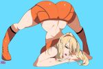  1girl ass bangs blonde_hair blue_eyes breasts flexible full_body guilty_gear guilty_gear_strive highres jack-o&#039;_challenge jack-o&#039;_valentine large_breasts legs long_hair looking_at_viewer meme metroid mole mole_under_mouth ponytail r3dfive samus_aran shorts simple_background smile solo spread_legs super_smash_bros. top-down_bottom-up white_background 