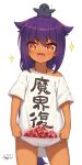  1girl :d absurdres animal animal_on_head bangs bird blush clothes_writing commentary_request eyebrows_visible_through_hair fang hair_between_eyes hair_flaps highres jahy jahy_sama_wa_kujikenai long_hair looking_at_viewer neps-l off_shoulder on_head open_mouth purple_hair red_eyes ruby_(gemstone) shirt short_sleeves signature simple_background smile solo sparkle standing v-shaped_eyebrows very_long_hair white_background white_shirt 