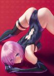  1girl arm_rest ass black_leotard breasts fate/grand_order fate_(series) flexible guilty_gear guilty_gear_strive hair_over_one_eye highres jack-o&#039;_challenge legs leotard mash_kyrielight medium_breasts meme pose purple_hair shiny shiny_hair shiny_skin short_hair solar_(happymonk) solo spread_legs stretch top-down_bottom-up violet_eyes wide_spread_legs 