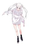  1girl aqua_eyes black_footwear highres long_hair no_pants open_mouth original reflective_clothes shiomi_(lowrise) simple_background solo twintails white_hair white_theme zipper zipper_pull_tab 