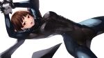  1girl arms_up blue_bodysuit blush bodysuit breasts brown_hair cait_aron gloves highres large_breasts long_sleeves looking_at_viewer niijima_makoto open_mouth persona persona_5 red_eyes short_hair simple_background solo white_background white_gloves 