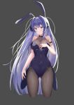  1girl absurdres animal_ears arm_strap ass_visible_through_thighs azur_lane bare_shoulders bodystocking fake_animal_ears grey_background hasana highres leotard long_hair looking_at_viewer new_jersey_(azur_lane) playboy_bunny purple_leotard rabbit_ears see-through simple_background skin_tight solo strapless very_long_hair violet_eyes 