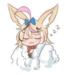  1girl :3 ahoge animal_ears blonde_hair blue_bow bow bowtie chibi closed_mouth facial_mark facing_viewer fox_ears hair_bow hair_ornament hairclip hololive omaru_polka red_neckwear simple_background sleeping solo upper_body white_background wool_(miwol) x_hair_ornament zzz 