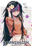  1girl alternate_costume artist_name bangs barry_nah black_hair blue_hair brown_sweater commentary commission dangan_ronpa_(series) dangan_ronpa_2:_goodbye_despair english_commentary floral_background floral_print flower grey_hair grin hair_flower hair_ornament highres long_hair looking_at_viewer medium_skirt mioda_ibuki multicolored_hair one_eye_closed piercing pink_eyes pink_hair skirt smile solo sweater sweater_tucked_in white_flower white_skirt yellow_flower 