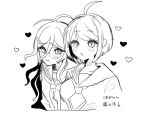  2girls :o ahoge ameko53133 bangs blush collarbone commentary_request cropped_torso dangan_ronpa_(series) dangan_ronpa_another_episode:_ultra_despair_girls eyebrows_visible_through_hair fukawa_touko glasses greyscale hair_ornament hairclip heart long_hair looking_at_viewer mole mole_under_mouth monochrome multiple_girls naegi_komaru open_mouth school_uniform simple_background smile translation_request upper_body 