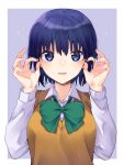  1girl bangs blue_eyes blue_hair blush bow bowtie breasts ciel_(tsukihime) collared_shirt commentary_request eyebrows_visible_through_hair fingernails green_bow green_neckwear hair_between_eyes highres lips long_sleeves looking_at_viewer medium_breasts open_mouth school_uniform shirt short_hair smile solo tanka_kikurage tsukihime tsukihime_(remake) uniform upper_body vest white_shirt yellow_vest 