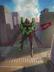  absurdres building city clouds cracked_floor crosswalk day eva_01 evangelion:_3.0+1.0_thrice_upon_a_time foliage full_body glowing glowing_eyes highres holding holding_lance holding_polearm holding_weapon horns lance looking_at_viewer mecha neon_genesis_evangelion no_humans outdoors painting_(medium) polearm rebuild_of_evangelion road ryusei_hashida sidewalk single_horn sky standing street traditional_media traffic_light watercolor_(medium) weapon 