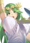  1girl armlet ashiomi_masato breasts dress green_eyes green_hair jewelry kid_icarus large_breasts long_hair looking_at_viewer necklace open_mouth palutena simple_background solo super_smash_bros. tiara very_long_hair white_background 