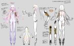 1other androgynous bodysuit character_sheet floating_hair fuzichoco grey_background highres hololive hololive_english long_hair mechanical_arms multicolored_hair official_art omega_alpha open_hands rainbow_hair red_eyes single_mechanical_arm streaked_hair translation_request virtual_youtuber white_bodysuit white_hair 