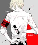  1boy awara_kayu bangs black_armband blonde_hair cowboy_shot from_behind grey_background holding holding_knife holding_weapon knife long_sleeves looking_at_viewer looking_back male_focus nakarai_keijin pale_skin pants red_armband red_background shirt_tucked_in short_hair simple_background solo tokyo_ghoul tokyo_ghoul:re upper_body weapon 