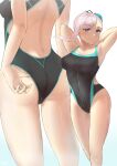  1girl absurdres ass asymmetrical_hair bangs black_swimsuit blue_eyes breasts cowboy_shot fate/grand_order fate_(series) grey_hair hair_bun highres large_breasts long_hair looking_at_viewer miyamoto_musashi_(fate) miyamoto_musashi_(swimsuit_berserker)_(fate) multiple_views rin_(fimoxrin) simple_background single_hair_intake swept_bangs swimsuit white_background 