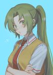  1girl blue_background blush closed_mouth cropped_vest crossed_arms green_eyes green_hair highres higurashi_no_naku_koro_ni looking_at_viewer necktie noriuma o3o ponytail shirt short_hair simple_background sleeveless solo sonozaki_mion standing tied_hair vest white_shirt 