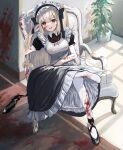  1girl apron black_dress black_footwear blood blood_on_arm blood_on_clothes blood_on_ground blood_on_wall commentary_request dress elbow_rest hand_up highres indoors light_brown_hair long_hair looking_at_viewer maid maid_apron maid_headdress nanaponi neck_ribbon on_chair open_mouth original pantyhose plant potted_plant puffy_short_sleeves puffy_sleeves red_eyes red_neckwear ribbon shoes shoes_removed short_sleeves single_shoe sitting solo two_side_up upper_teeth white_legwear 