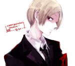  1boy awara_kayu bangs black_armband black_jacket black_neckwear blonde_hair character_name closed_mouth collared_shirt dated from_side grey_background happy_birthday jacket looking_at_viewer male_focus nakarai_keijin necktie red_armband shirt short_hair simple_background tokyo_ghoul tokyo_ghoul:re white_background 