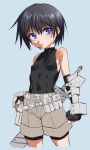  bangs bare_shoulders belt_pouch black_gloves black_hair blue_background blue_eyes bracer breasts brown_shorts cropped_legs elbow_gloves expressionless fingerless_gloves funnyari gloves hair_between_eyes original pouch short_hair shorts small_breasts sword tomboy turtleneck weapon 