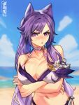  1girl bangs bikini blush choker collarbone crossed_arms flower genshin_impact hair_horns highres ja_mong keqing_(genshin_impact) long_hair looking_at_viewer navel ocean pout procreate_(medium) purple_bikini purple_hair solo swimsuit upper_body v-shaped_eyebrows violet_eyes white_flower 