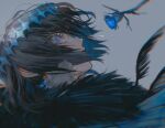  1boy au_(d_elite) black_hair blue_eyes blue_hair bug chromatic_aberration commentary crown crying crying_with_eyes_open eyelashes fate/grand_order fate_(series) flying frills fur_trim grey_background insect male_focus multicolored multicolored_hair oberon_(fate) signature simple_background solo spoilers tears twitter_username 