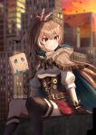  1girl ahoge ardenlolo artist_name asymmetrical_legwear bangs blurry blurry_background bow breasts brown_bow brown_cloak brown_eyes brown_gloves brown_hair brown_legwear city cloak closed_mouth commentary_request corset english_commentary eyebrows_visible_through_hair feather_hair_ornament feathers fingerless_gloves friend_(nanashi_mumei) gloves hair_between_eyes hair_ornament hairclip high_ponytail hololive hololive_english hood hood_down hooded_cloak kneehighs light_particles long_hair long_sleeves medium_breasts mixed-language_commentary multicolored_hair nanashi_mumei outdoors ponytail red_skirt shirt single_kneehigh single_thighhigh sitting skirt smile streaked_hair thigh-highs uneven_legwear virtual_youtuber white_hair white_shirt 