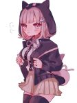  1girl ameko53133 backpack bag bangs black_legwear black_shirt blush breasts brown_skirt collared_shirt commentary_request cowboy_shot dangan_ronpa_(series) dangan_ronpa_2:_goodbye_despair dress_shirt flipped_hair galaga grey_shirt hair_ornament highres hood hood_up jacket long_sleeves looking_at_viewer miniskirt nanami_chiaki neck_ribbon open_clothes open_jacket pink_eyes pink_ribbon pleated_skirt ribbon shirt simple_background skirt smile solo thigh-highs two-tone_shirt white_background zettai_ryouiki 