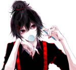  1boy awara_kayu bangs black_hair black_shirt chewing_gum commentary_request hair_ornament hairclip hands_up holding holding_pen looking_at_viewer male_focus nail_polish pale_skin pen red_eyes red_nails shirt short_hair simple_background solo stitches suspenders suzuya_juuzou tokyo_ghoul tokyo_ghoul:re topknot upper_body white_background x_hair_ornament 