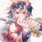  1boy bangs black_hair blue_eyes closed_mouth commentary_request hands_up highres holding holding_sword holding_weapon jacket japanese_clothes kimetsu_no_yaiba long_sleeves male_focus oharu-chan painting_(medium) solo sword tomioka_giyuu traditional_media upper_body watercolor_(medium) weapon white_background 