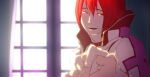  1boy 1other archbishop_(ragnarok_online) bangs belt_collar collar commentary_request holding_hands indoors jacket looking_at_viewer male_focus mit_(necomit) open_mouth pov pov_hands ragnarok_online red_eyes redhead short_hair smile solo_focus upper_body white_jacket window 