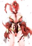 1girl abs absurdres animal_ears bangs bare_legs bare_shoulders breasts claws closed_mouth dein_(g_(genesis1556)) detached_sleeves dragon_girl dragon_horns dragon_tail eyebrows_visible_through_hair g_(genesis1556) groin hair_between_eyes hand_on_hip highres horns huge_breasts leotard looking_at_viewer monster_girl multicolored_hair necktie original playboy_bunny rabbit_ears red_eyes red_leotard red_neckwear redhead scar scar_across_eye short_hair simple_background solo standing streaked_hair tail torn_clothes two-tone_hair white_background 