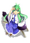 1girl antenna_hair bare_shoulders closed_mouth commentary_request detached_sleeves eggplant fox_shadow_puppet from_above green_eyes green_hair hayaneko_(ceceragi) highres kochiya_sanae long_hair long_skirt necktie shouryouuma simple_background sitting sitting_on_object skirt smile solo touhou white_background