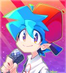  1boy backwards_hat blue_hair boyfriend_(friday_night_funkin&#039;) english_commentary friday_night_funkin&#039; hat holding holding_microphone microphone no_symbol portrait red_headwear shirt smile solo thegreatrouge white_shirt 