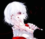  1boy awara_kayu bangs black_background black_shirt commentary_request from_side long_sleeves looking_at_viewer male_focus nail_polish red_eyes red_nails shirt short_hair simple_background solo_focus stitches suspenders suzuya_juuzou tokyo_ghoul tokyo_ghoul:re upper_body white_hair white_shirt 