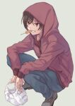  1girl bag black_pants brown_hair brown_jacket charlotte_(anime) commentary_request eating grey_background hood hooded_jacket hoodie jacket mitsuyo_(mituyo324) mouth_hold otosaka_yuu pants plastic_bag red_eyes simple_background solo squatting 