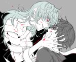  1boy 1girl awara_kayu bandages black_background black_reaper blood blood_on_face collarbone commentary_request copyright_name eto_(tokyo_ghoul) eye_contact face-to-face grey_background hand_on_another&#039;s_face kaneki_ken long_hair long_neck looking_at_another open_mouth red_eyes short_hair simple_background tokyo_ghoul tokyo_ghoul:re upper_body upper_teeth 